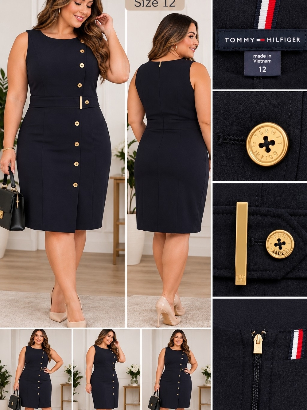 Tommy Hilfiger Navy Sleeveless Sheath Dress with Gold Button Detail